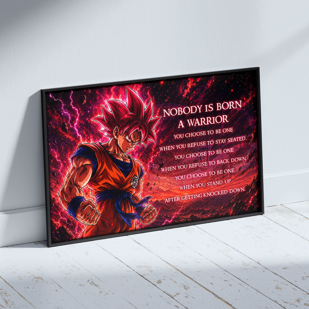 Goku Super Saiyan God Canvas Wall Art - Dragon Ball Super Motivational "Nobody Is Born A Warrior" Print - Ready to Hang Home Office Decor - DR096