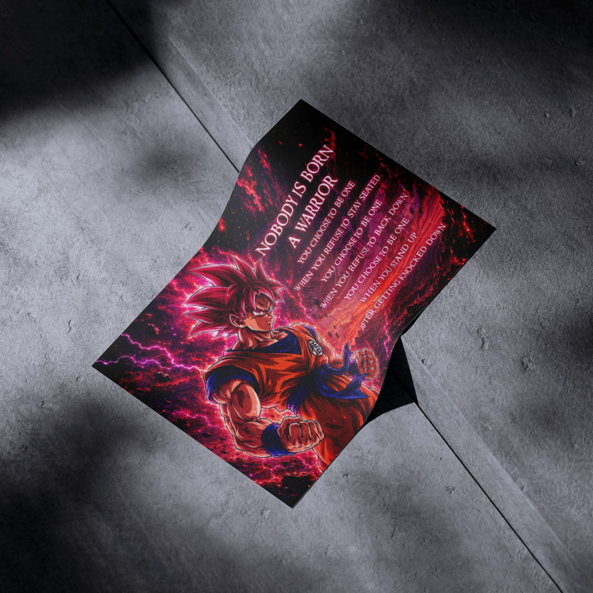 Goku Super Saiyan God Canvas Wall Art - Dragon Ball Super Motivational "Nobody Is Born A Warrior" Print - Ready to Hang Home Office Decor - DR096