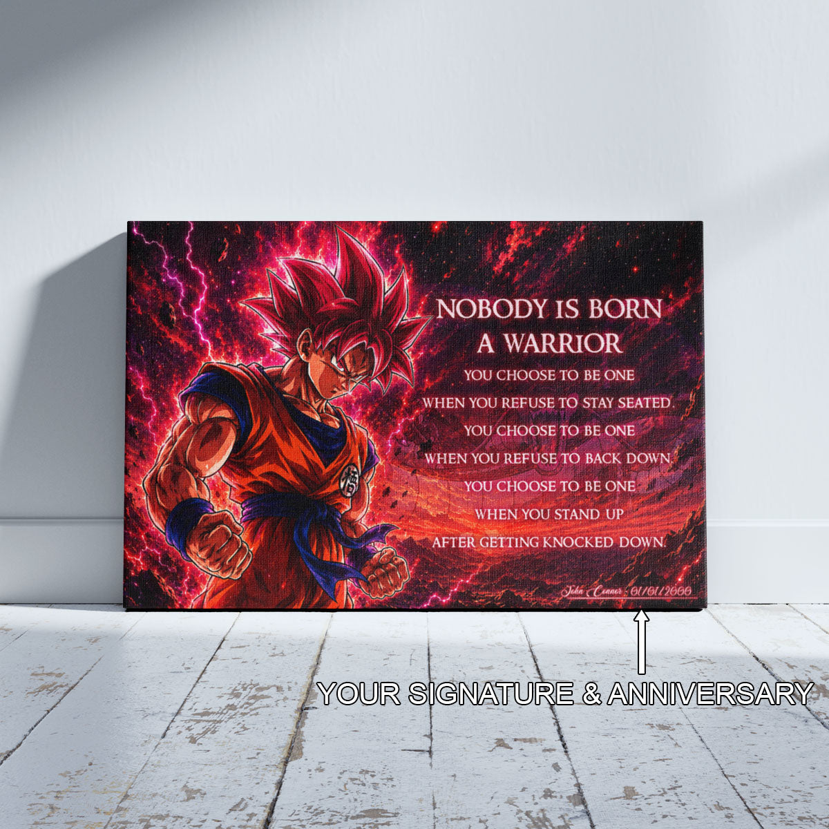 Goku Super Saiyan God Canvas Wall Art - Dragon Ball Super Motivational "Nobody Is Born A Warrior" Print - Ready to Hang Home Office Decor - DR096