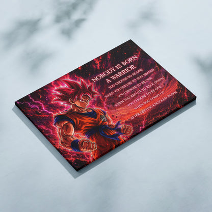 Goku Super Saiyan God Canvas Wall Art - Dragon Ball Super Motivational "Nobody Is Born A Warrior" Print - Ready to Hang Home Office Decor - DR096