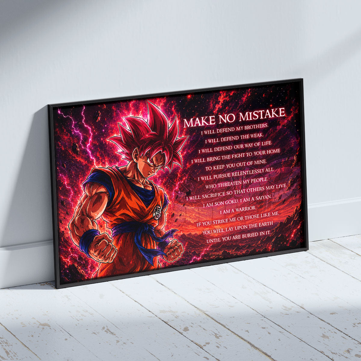 Goku Super Saiyan God Canvas Wall Art - Dragon Ball Super Motivational "Make No Mistake" Print - Ready to Hang Home Office Decor - DR097
