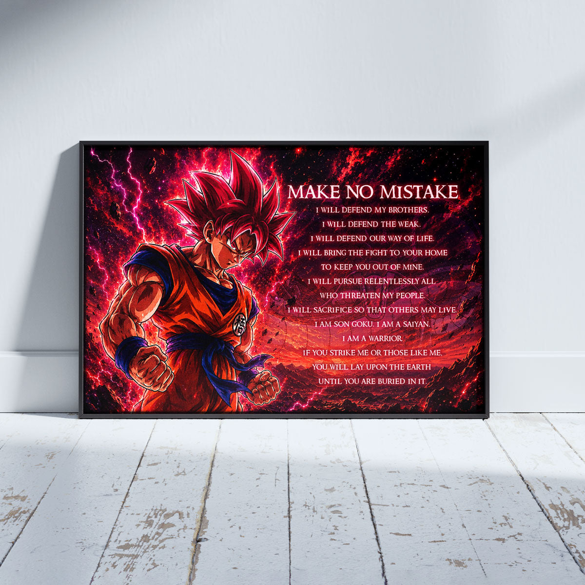 Goku Super Saiyan God Canvas Wall Art - Dragon Ball Super Motivational "Make No Mistake" Print - Ready to Hang Home Office Decor - DR097