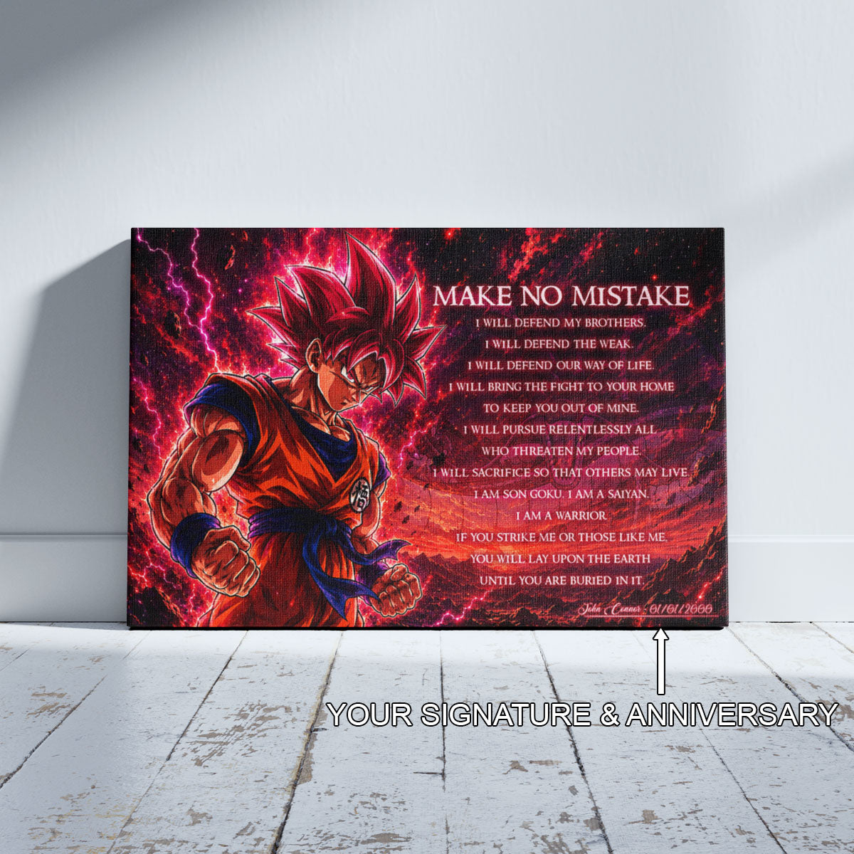 Goku Super Saiyan God Canvas Wall Art - Dragon Ball Super Motivational "Make No Mistake" Print - Ready to Hang Home Office Decor - DR097