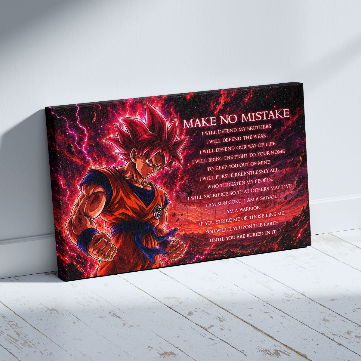 Goku Super Saiyan God Canvas Wall Art - Dragon Ball Super Motivational "Make No Mistake" Print - Ready to Hang Home Office Decor - DR097