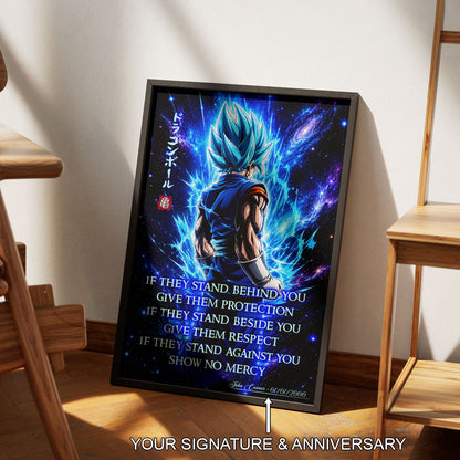 Vegito Blue Dragon Ball Super Canvas Wall Art - Show No Mercy - Motivational Quote Print - Office Living Room Decor, Framed Ready to Hang - DR099