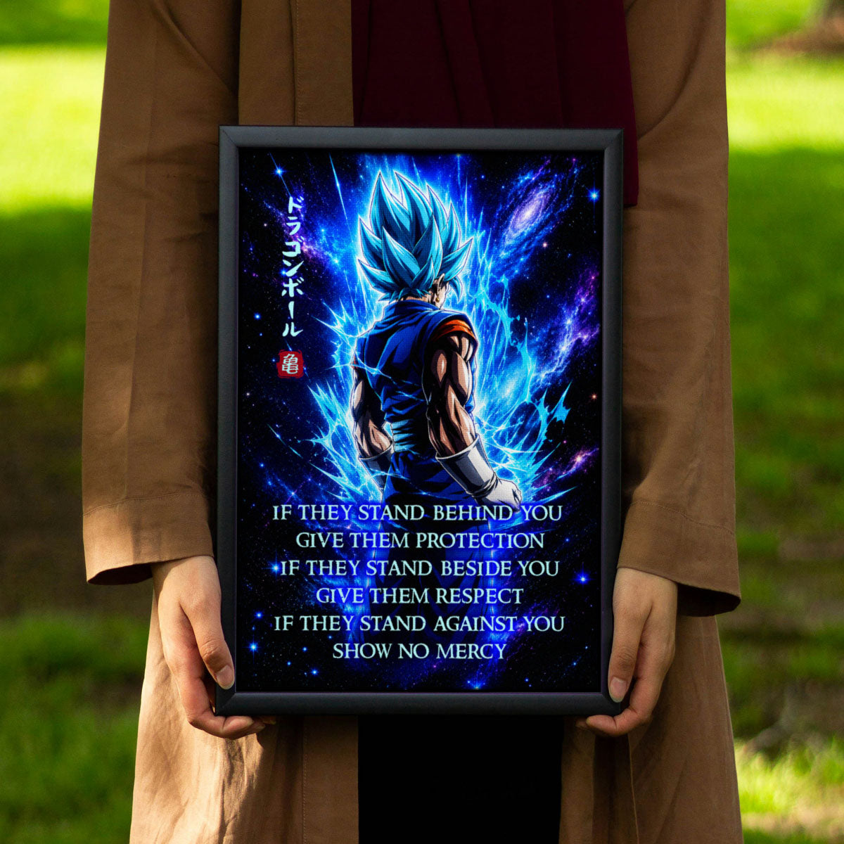Vegito Blue Dragon Ball Super Canvas Wall Art - Show No Mercy - Motivational Quote Print - Office Living Room Decor, Framed Ready to Hang - DR099