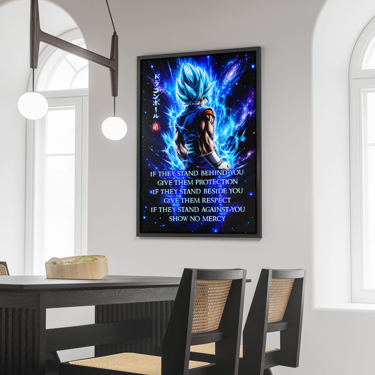 Vegito Blue Dragon Ball Super Canvas Wall Art - Show No Mercy - Motivational Quote Print - Office Living Room Decor, Framed Ready to Hang - DR099
