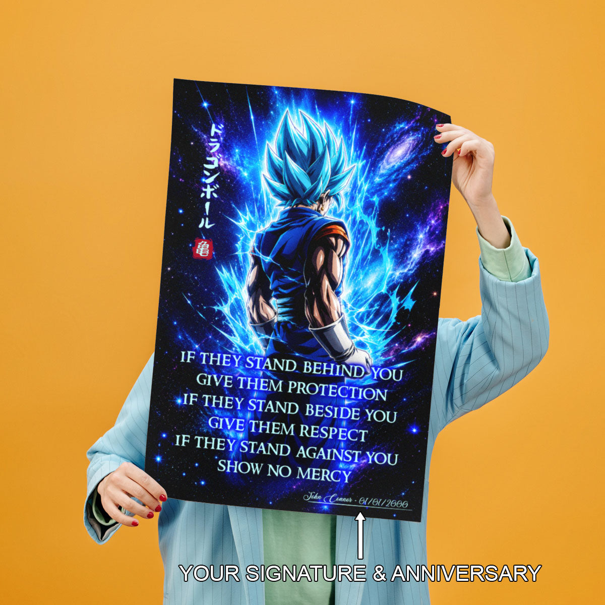 Vegito Blue Dragon Ball Super Canvas Wall Art - Show No Mercy - Motivational Quote Print - Office Living Room Decor, Framed Ready to Hang - DR099