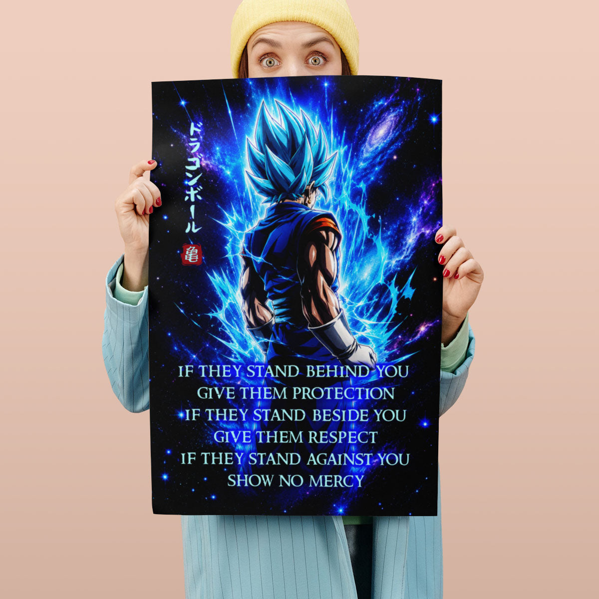 Vegito Blue Dragon Ball Super Canvas Wall Art - Show No Mercy - Motivational Quote Print - Office Living Room Decor, Framed Ready to Hang - DR099