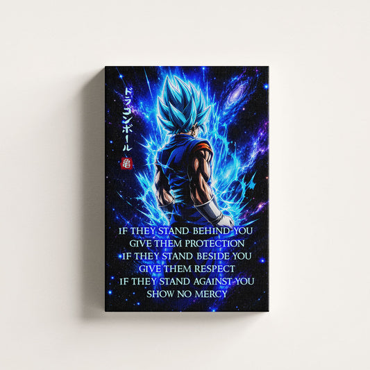Vegito Blue Dragon Ball Super Canvas Wall Art - Show No Mercy - Motivational Quote Print - Office Living Room Decor, Framed Ready to Hang - DR099
