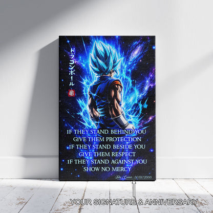 Vegito Blue Dragon Ball Super Canvas Wall Art - Show No Mercy - Motivational Quote Print - Office Living Room Decor, Framed Ready to Hang - DR099