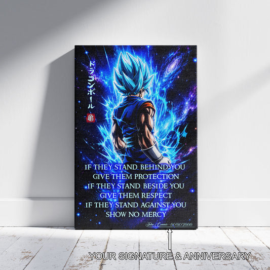 Vegito Blue Dragon Ball Super Canvas Wall Art - Show No Mercy - Motivational Quote Print - Office Living Room Decor, Framed Ready to Hang - DR099