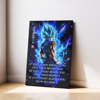 Vegito Blue Dragon Ball Super Canvas Wall Art - Show No Mercy - Motivational Quote Print - Office Living Room Decor, Framed Ready to Hang - DR099