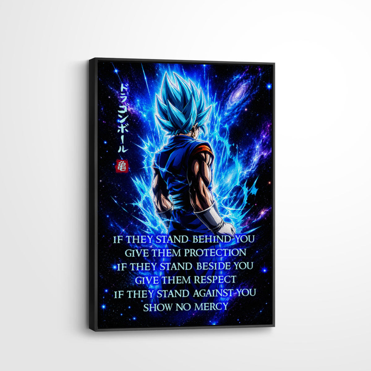 Vegito Blue Dragon Ball Super Canvas Wall Art - Show No Mercy - Motivational Quote Print - Office Living Room Decor, Framed Ready to Hang - DR099