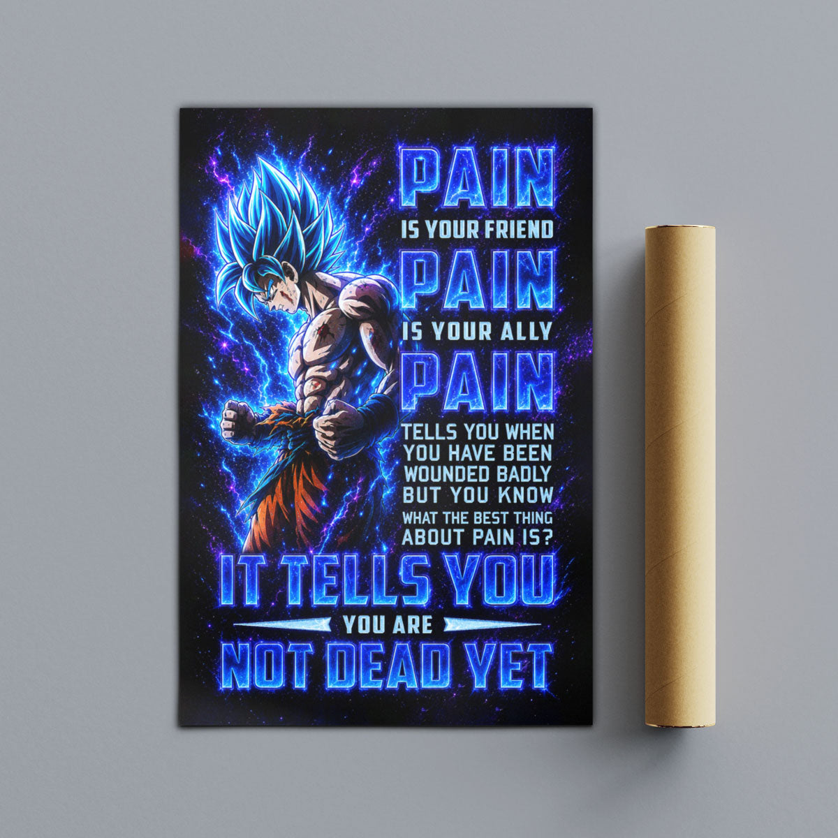 Goku Super Saiyan Blue Canvas Wall Art - Dragon Ball Super Motivational "Pain" Print - Ready to Hang Home Office Decor - DR100