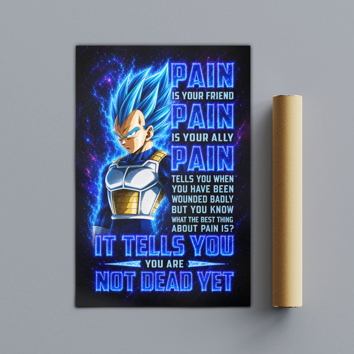 Vegeta Super Saiyan Blue Canvas Wall Art - Dragon Ball Super Motivational "Pain" Print - Ready to Hang Home Office Decor - DR102