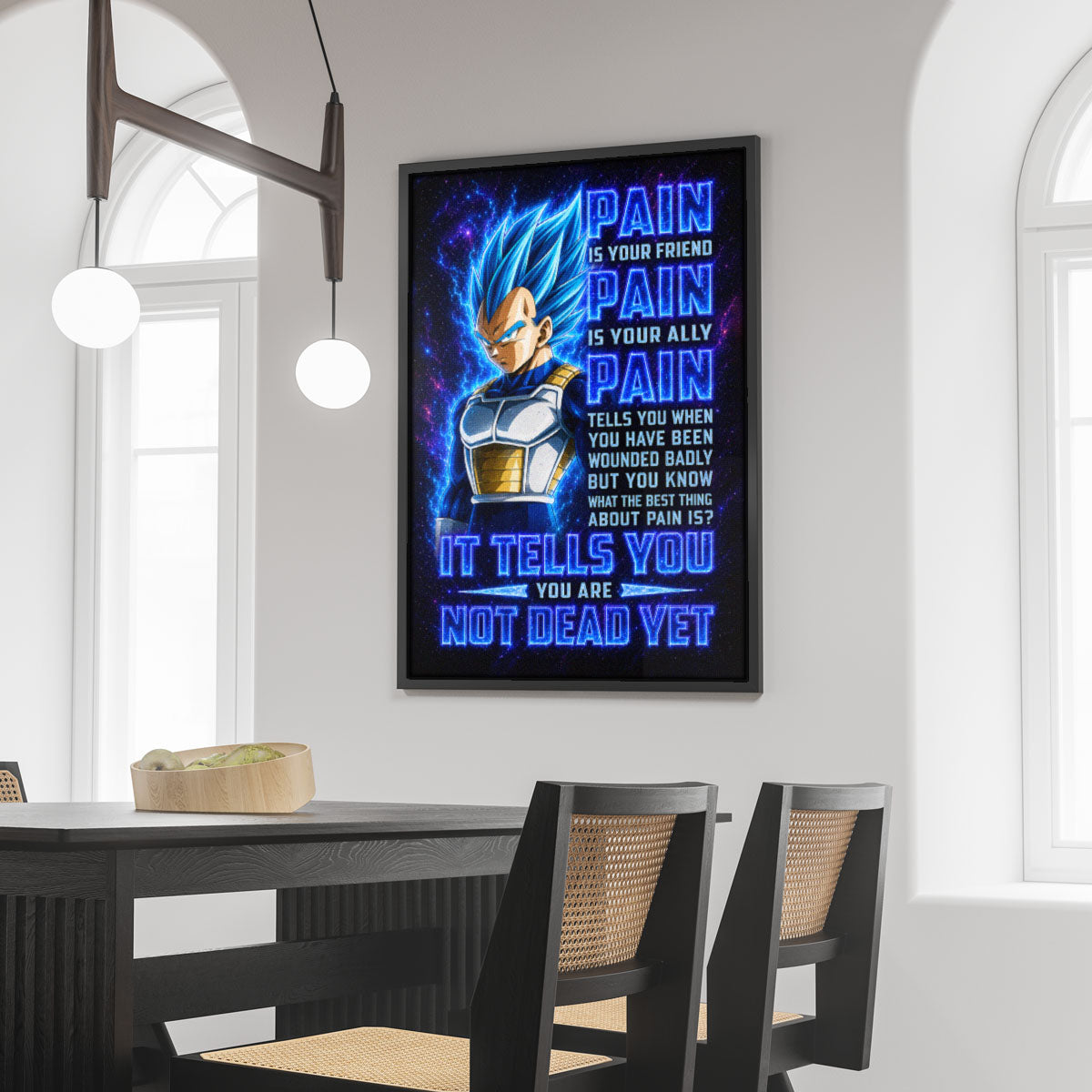Vegeta Super Saiyan Blue Canvas Wall Art - Dragon Ball Super Motivational "Pain" Print - Ready to Hang Home Office Decor - DR102