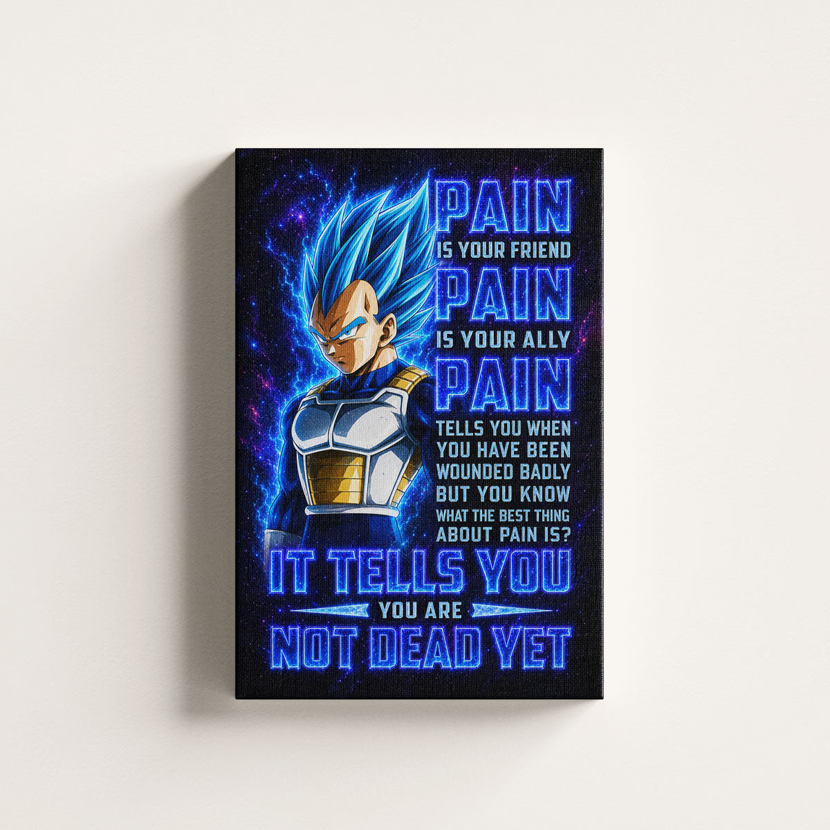 Vegeta Super Saiyan Blue Canvas Wall Art - Dragon Ball Super Motivational "Pain" Print - Ready to Hang Home Office Decor - DR102