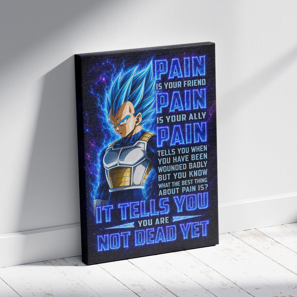 Vegeta Super Saiyan Blue Canvas Wall Art - Dragon Ball Super Motivational "Pain" Print - Ready to Hang Home Office Decor - DR102