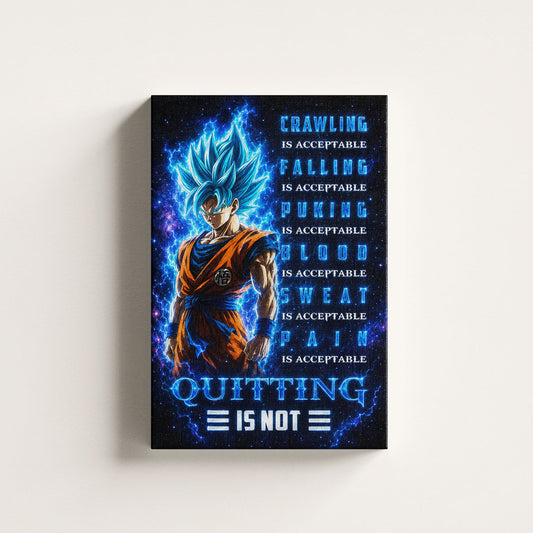 Goku Super Saiyan Blue Canvas Wall Art - Dragon Ball Anime Motivational Quote “Quitting Is Not” Print - Ready to Hang Gym Workout Decor - DR103