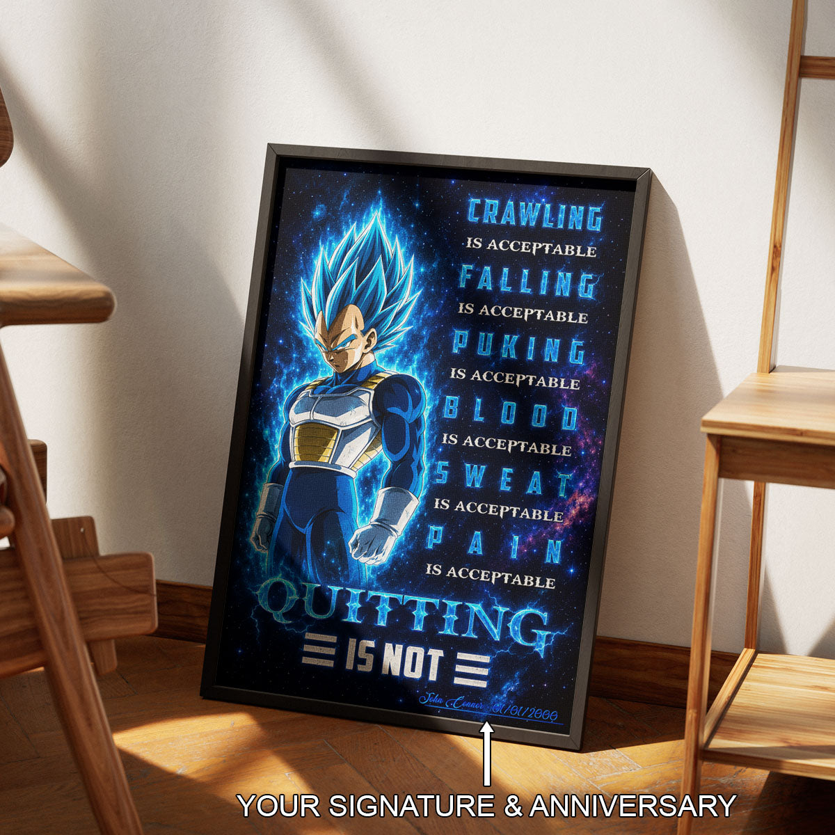 Vegeta Super Saiyan Blue Canvas Wall Art - Dragon Ball Anime Motivational Quote “Quitting Is Not” Print - Ready to Hang Gym Workout Decor - DR104