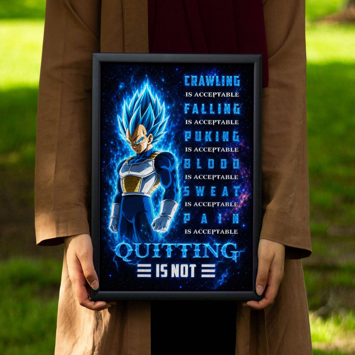 Vegeta Super Saiyan Blue Canvas Wall Art - Dragon Ball Anime Motivational Quote “Quitting Is Not” Print - Ready to Hang Gym Workout Decor - DR104