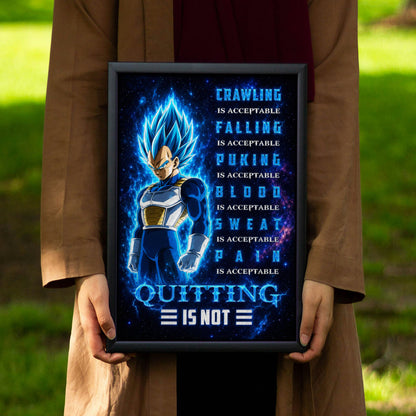 Vegeta Super Saiyan Blue Canvas Wall Art - Dragon Ball Anime Motivational Quote “Quitting Is Not” Print - Ready to Hang Gym Workout Decor - DR104