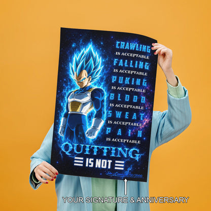Vegeta Super Saiyan Blue Canvas Wall Art - Dragon Ball Anime Motivational Quote “Quitting Is Not” Print - Ready to Hang Gym Workout Decor - DR104