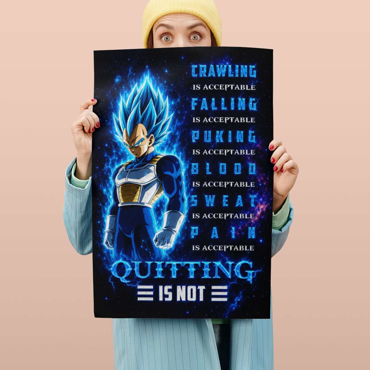 Vegeta Super Saiyan Blue Canvas Wall Art - Dragon Ball Anime Motivational Quote “Quitting Is Not” Print - Ready to Hang Gym Workout Decor - DR104
