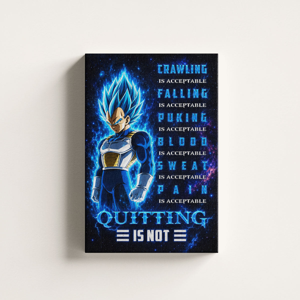 Vegeta Super Saiyan Blue Canvas Wall Art - Dragon Ball Anime Motivational Quote “Quitting Is Not” Print - Ready to Hang Gym Workout Decor - DR104