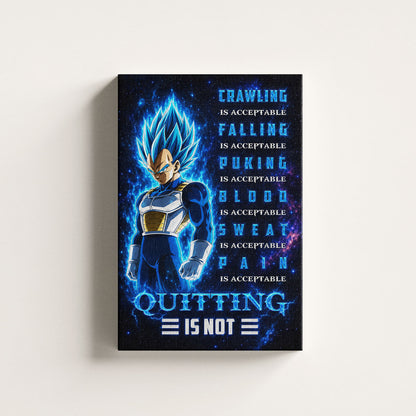 Vegeta Super Saiyan Blue Canvas Wall Art - Dragon Ball Anime Motivational Quote “Quitting Is Not” Print - Ready to Hang Gym Workout Decor - DR104