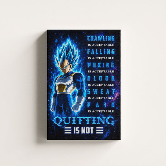 Vegeta Super Saiyan Blue Canvas Wall Art - Dragon Ball Anime Motivational Quote “Quitting Is Not” Print - Ready to Hang Gym Workout Decor - DR104