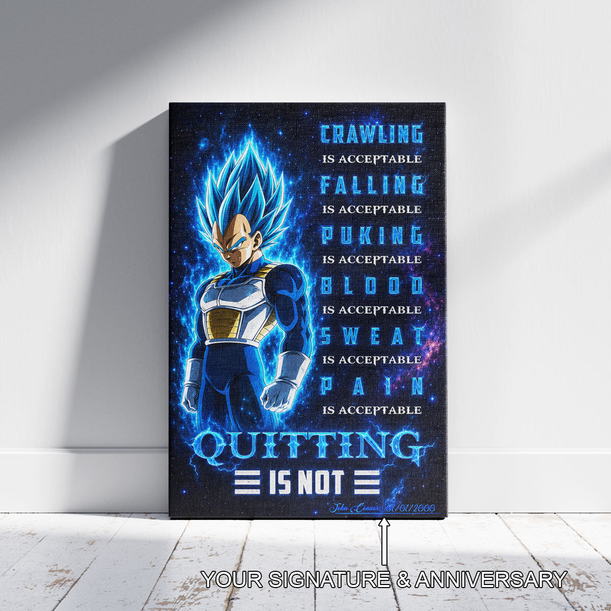 Vegeta Super Saiyan Blue Canvas Wall Art - Dragon Ball Anime Motivational Quote “Quitting Is Not” Print - Ready to Hang Gym Workout Decor - DR104