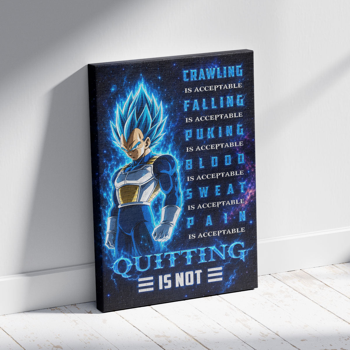 Vegeta Super Saiyan Blue Canvas Wall Art - Dragon Ball Anime Motivational Quote “Quitting Is Not” Print - Ready to Hang Gym Workout Decor - DR104