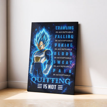 Vegeta Super Saiyan Blue Canvas Wall Art - Dragon Ball Anime Motivational Quote “Quitting Is Not” Print - Ready to Hang Gym Workout Decor - DR104