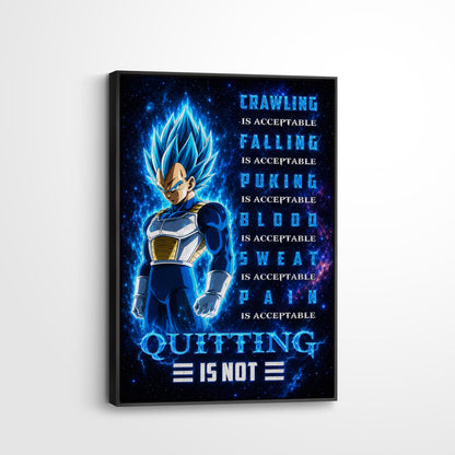 Vegeta Super Saiyan Blue Canvas Wall Art - Dragon Ball Anime Motivational Quote “Quitting Is Not” Print - Ready to Hang Gym Workout Decor - DR104