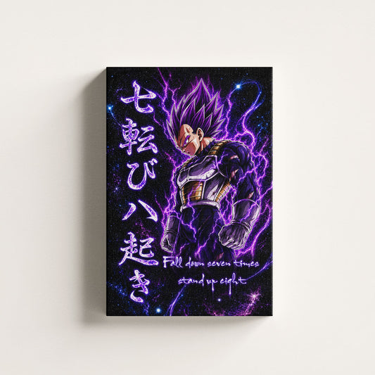 Vegeta Ultra Ego Canvas Wall Art - Dragon Ball Anime Motivational Quote “Fall Down 7 Times Stand Up 8” - Ready to Hang Gamer Room Decor - DR106