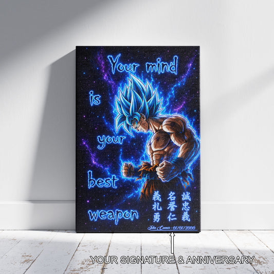 Goku Super Saiyan Blue - Your Mind Is Your Best Weapon - Dragon Ball Super Motivational Quote Canvas Wall Art - Ready to Hang Gym Workout Decor - DR108