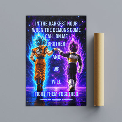 Dragon Ball Super Saiyan Blue Goku & Ultra Ego Vegeta Canvas Wall Art - Motivational Quote “Brother” - Ready to Hang Home Office Decor - DR116