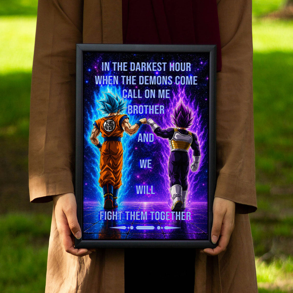 Dragon Ball Super Saiyan Blue Goku & Ultra Ego Vegeta Canvas Wall Art - Motivational Quote “Brother” - Ready to Hang Home Office Decor - DR116