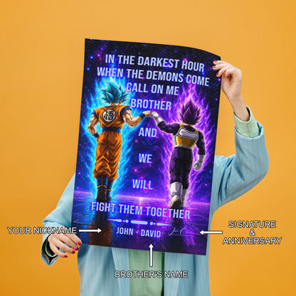 Dragon Ball Super Saiyan Blue Goku & Ultra Ego Vegeta Canvas Wall Art - Motivational Quote “Brother” - Ready to Hang Home Office Decor - DR116
