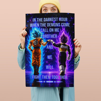 Dragon Ball Super Saiyan Blue Goku & Ultra Ego Vegeta Canvas Wall Art - Motivational Quote “Brother” - Ready to Hang Home Office Decor - DR116