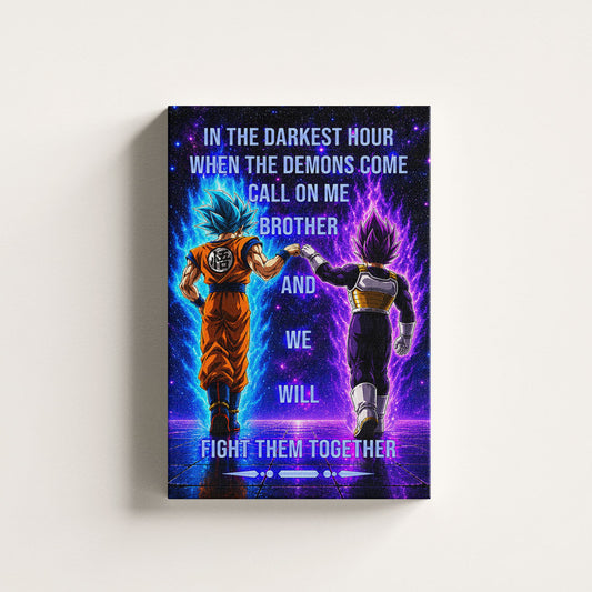 Dragon Ball Super Saiyan Blue Goku & Ultra Ego Vegeta Canvas Wall Art - Motivational Quote “Brother” - Ready to Hang Home Office Decor - DR116