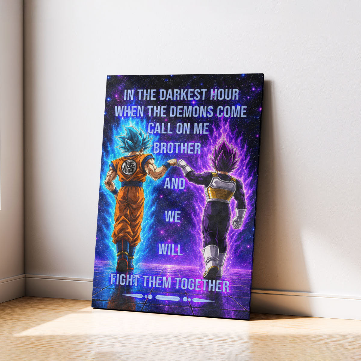 Dragon Ball Super Saiyan Blue Goku & Ultra Ego Vegeta Canvas Wall Art - Motivational Quote “Brother” - Ready to Hang Home Office Decor - DR116