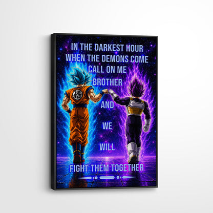 Dragon Ball Super Saiyan Blue Goku & Ultra Ego Vegeta Canvas Wall Art - Motivational Quote “Brother” - Ready to Hang Home Office Decor - DR116