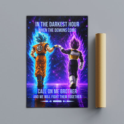Dragon Ball Super Saiyan Blue Goku & Ultra Ego Vegeta Canvas Wall Art - Motivational Quote “Brother” - Ready to Hang Home Office Decor - DR117