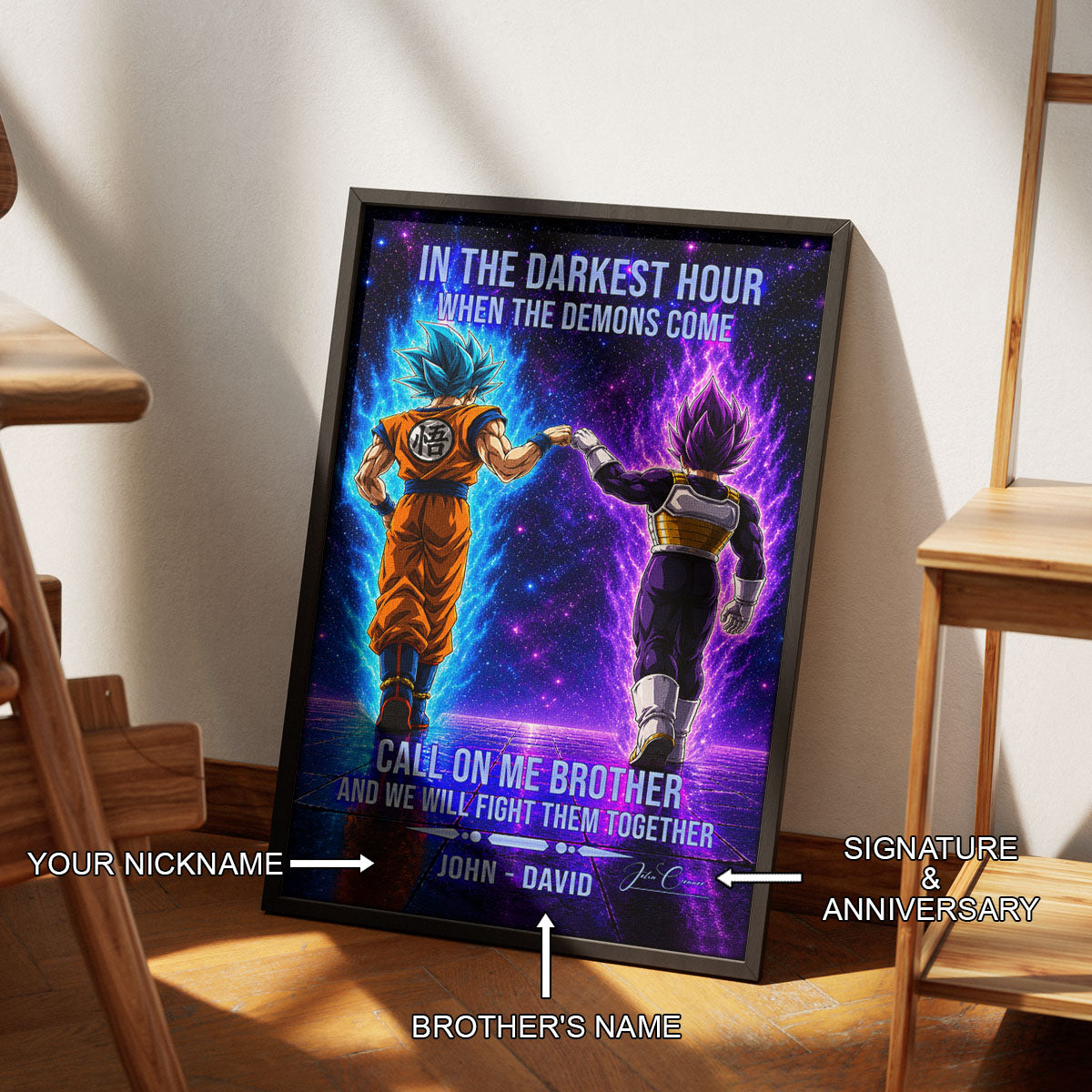 Dragon Ball Super Saiyan Blue Goku & Ultra Ego Vegeta Canvas Wall Art - Motivational Quote “Brother” - Ready to Hang Home Office Decor - DR117