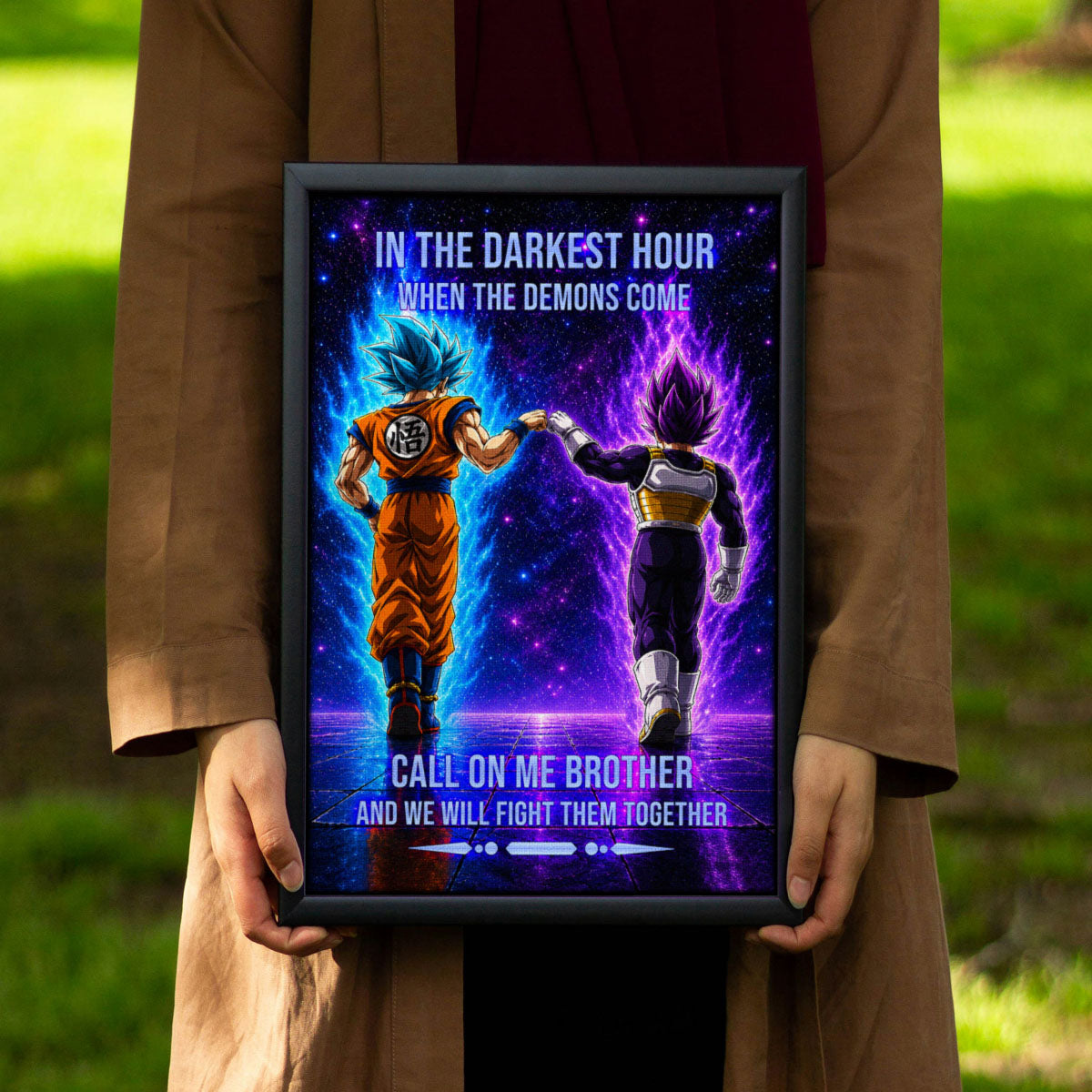 Dragon Ball Super Saiyan Blue Goku & Ultra Ego Vegeta Canvas Wall Art - Motivational Quote “Brother” - Ready to Hang Home Office Decor - DR117