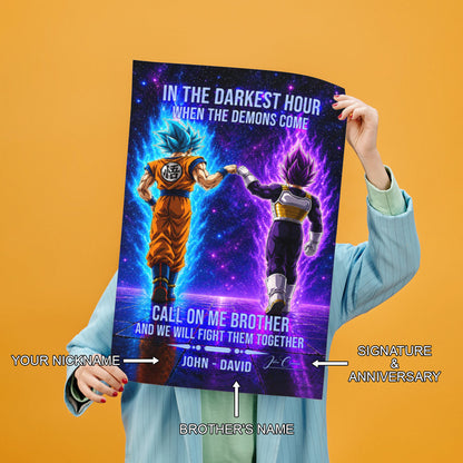 Dragon Ball Super Saiyan Blue Goku & Ultra Ego Vegeta Canvas Wall Art - Motivational Quote “Brother” - Ready to Hang Home Office Decor - DR117