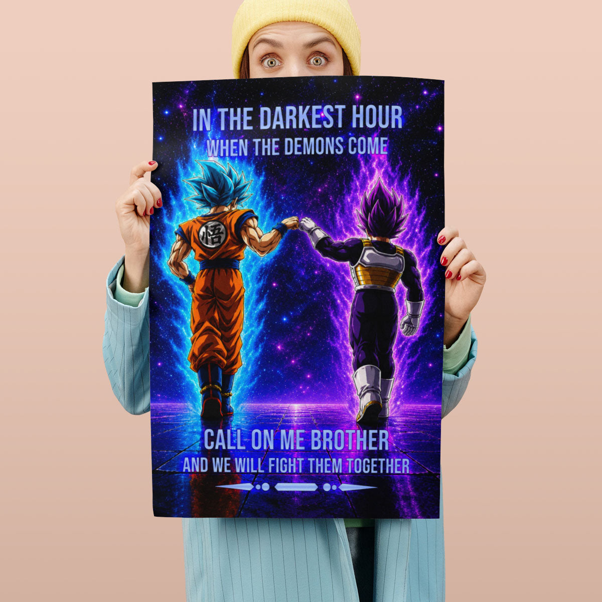 Dragon Ball Super Saiyan Blue Goku & Ultra Ego Vegeta Canvas Wall Art - Motivational Quote “Brother” - Ready to Hang Home Office Decor - DR117